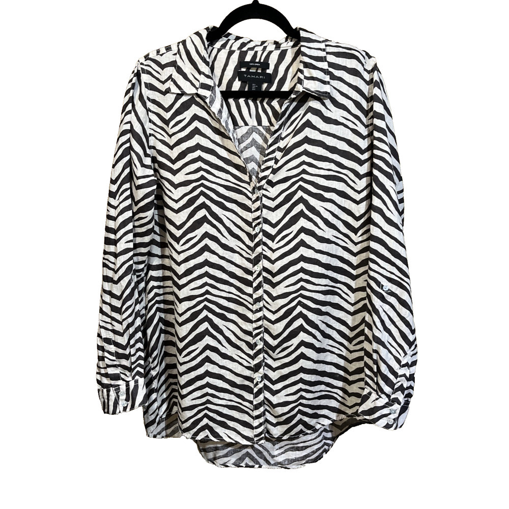 Tahari Animal Print Brown Zebra Stripe Linen Tunic Top Size XL Relaxed Flowy